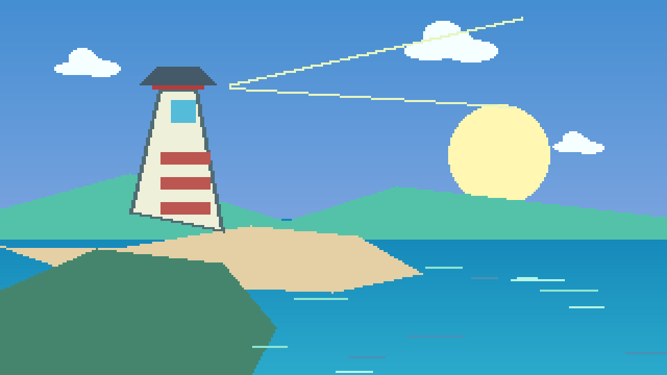 A lighthouse and ocean at sunrise in handmade pixel art