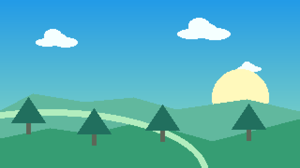 A sunny retro computer wallpaper with green hills and trees
