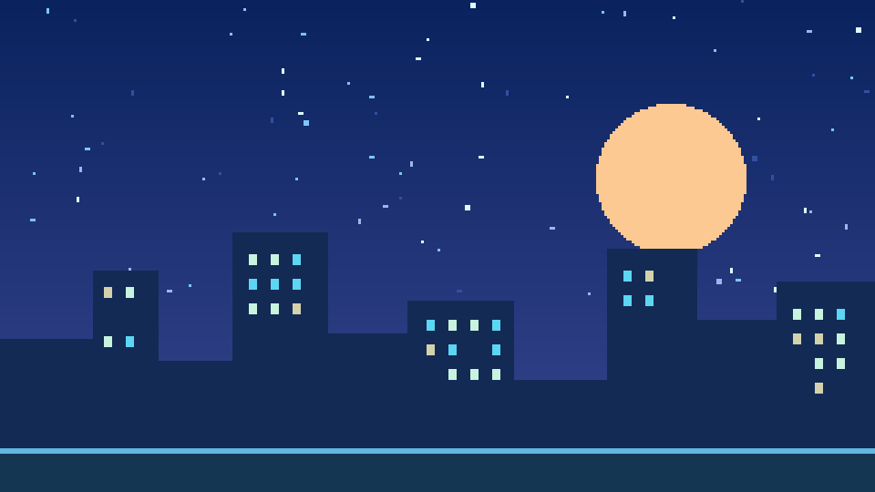 A blue city skyline with illuminated windows at dusk