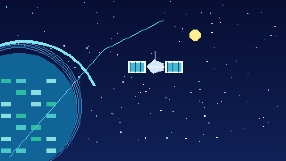 A satellite passing over a blue pixel planet